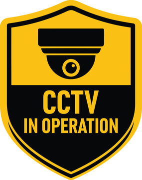 CCTV Security Camera Warning Shield Sign Black Yellow Surveillance System In Operation Icon