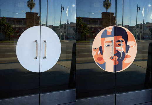 Mockup of Store Door With circular Vinyl and Handle