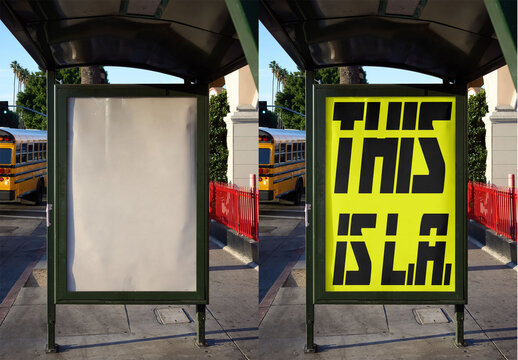 Bus Stop Shelter In Los Angeles. PSD template mockup.
