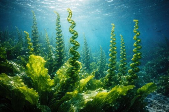 Artistic depiction of marine plants showing spirulina algae with broad leaves below sea