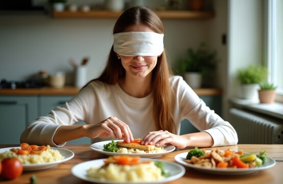 Young woman blindfolded explores food tastes. She uses touch, smell, and mouth to guess dishes on table. Person enjoys culinary experiment at home, senses active.
