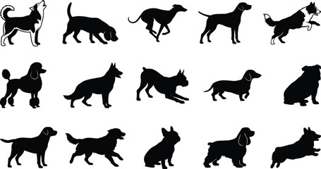 Fototapeta premium Dog silhouette icon set featuring different breeds poses running sitting standing playful canine pets vector illustration collection isolated on white background