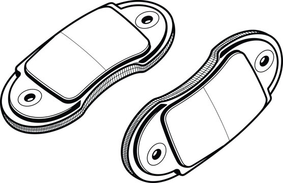 Detailed mechanical brake pad icon set isolated on white background, automotive disc brake component illustration, engineering spare part design, industrial vector outline style