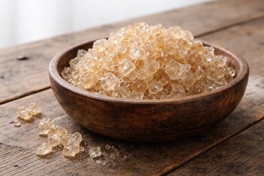 Close up of clear tragacanth gum crystals in a bowl resting on wooden table with white background
