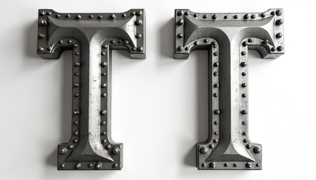Two metallic letters T with rivets stand on white background. Industrial alphabet design, bold typeface, strong construction element. Modern graphic font style.