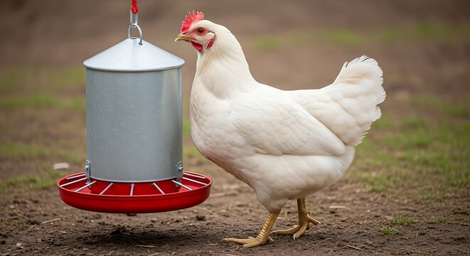 White chicken standing next to feeder.