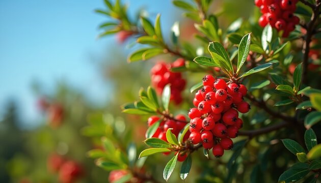 Close-up of red berries on a green bush with a blurred blue sky background. Evergreen shrub with small red drupes on branches. Natural plant detail in sunlight.