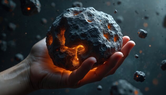 Human hand holds glowing hot asteroid in dark cosmos. Small space rocks drift around fiery celestial body. Universe exploration concept background.