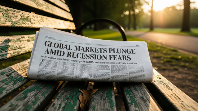 Newspaper with global market recession headline on wooden park bench