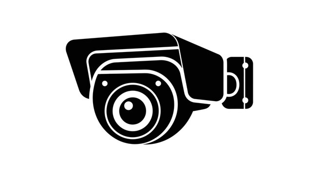 A black and white illustration of a security camera on a wall.