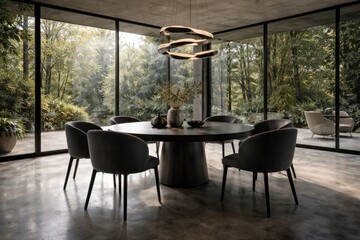 Fototapeta premium Contemporary dining space with round table and dark seating on concrete floor under large panoramic glass