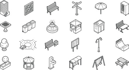 Isometric city park furniture and urban elements icon set featuring bench kiosk fountain trash bins streetlight playground vector illustration collection © Creative Vector