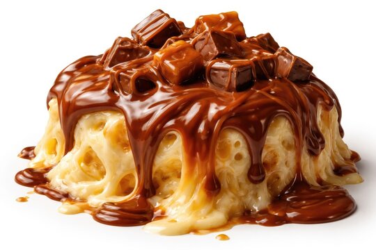 Melted cheese topped with rich caramel chocolate on clean white backdrop