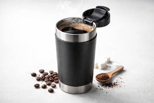 Hot coffee drink served in a portable insulated mug on a white backdrop