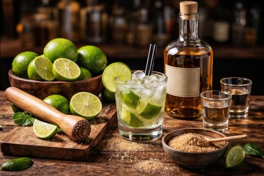 Cocktail making kit for caipirinha including ripe limes wooden muddler signature glass and rum sugar glasses