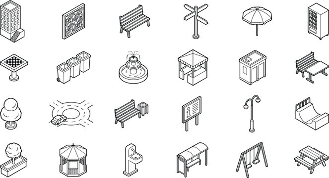 Isometric city park furniture and urban elements icon set featuring bench kiosk fountain trash bins streetlight playground vector illustration collection