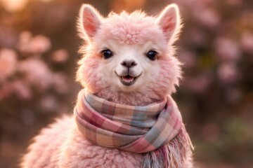 Fototapeta premium Cute pink llama with a fashionable scarf having a happy demeanor