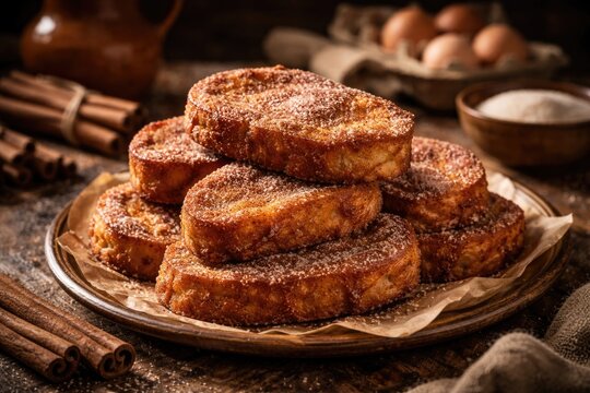 Delicious homemade Spanish torrijas soaked in cinnamon and sugar for Holy Week