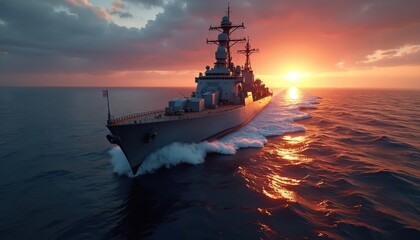 Naklejka premium Modern warship sails on ocean at dramatic sunset. Ship travels through waves towards horizon. Military vessel navigates open sea at twilight.