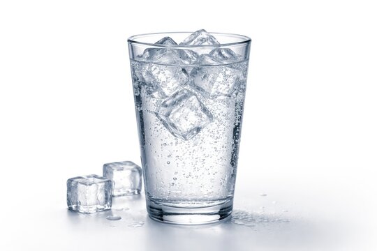 Glass of chilled sparkling water filled with ice cubes on a plain white surface