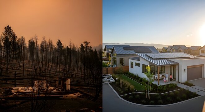 Dramatic contrast of devastated and pristine homes in wildfire aftermath