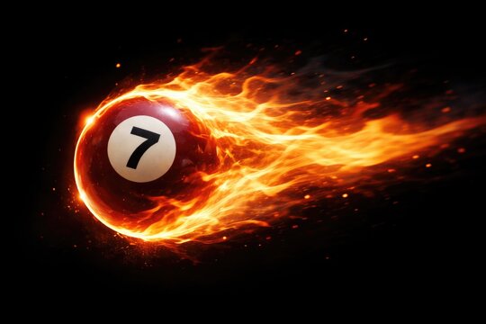 Blazing fire wrapped billiard ball with number moving fast on black background
