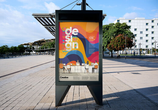 Bus Stop Shelter urban poster panel Mockup in Barcelona