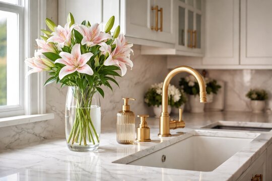 stylish home kitchen design showing blossom lilies in glass vase near sink alongside golden faucet and soap dispenser on marble surface