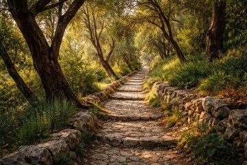 Fototapeta premium Travel photo capturing a stone pathway surrounded by trees in a Mediterranean woodland