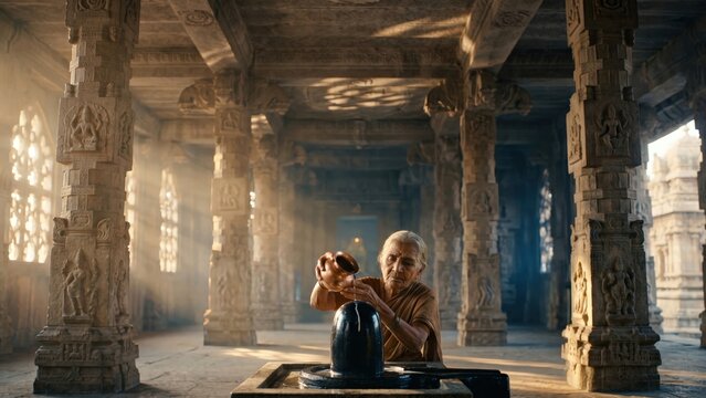 Old Woman Performing Granite Shivling Milk Abhishek