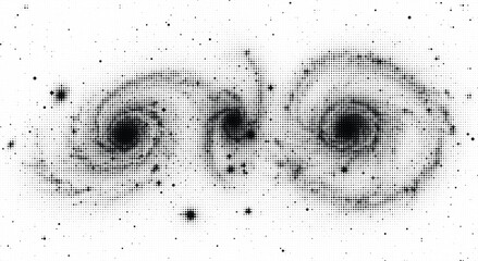 Abstract dark digital art of two spiral galaxies with dense dot pattern on transparent checkerboard futuristic space. © Ontora