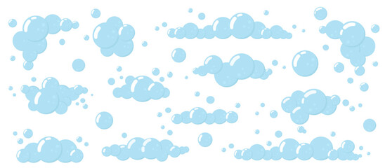 Fototapeta premium Set transparent soap bubbles isolated on white background. Oxygen, water bubbles. Blue round bubbles of different sizes: small, medium, large.