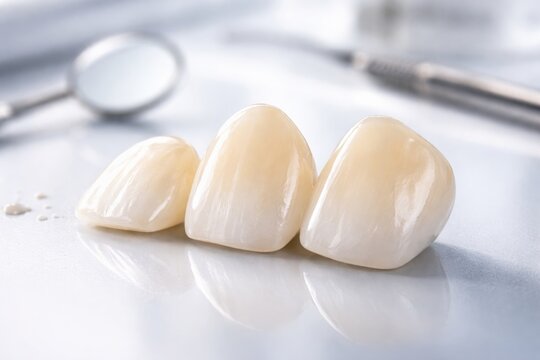 Natural looking dental veneers crafted from e max press ceramic with copy space for design