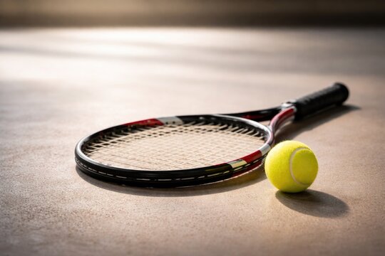 Sports equipment set including tennis racket and ball resting on smooth floor with blank space