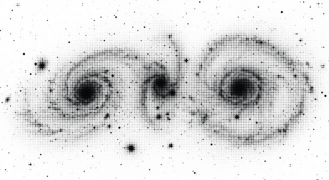 Abstract dark digital art of two spiral galaxies with dense dot pattern on transparent checkerboard futuristic space.