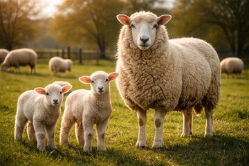 Fototapeta premium Content farm scene with full length wool sheep and curious lambs