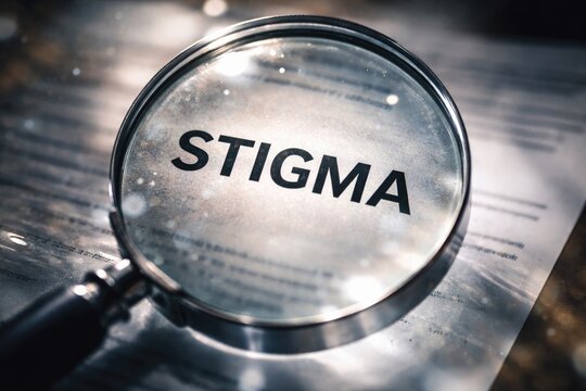 Magnifier highlighting stigma word on transparent surface