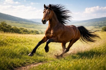 Obraz premium Joyful wild equine running across a sunny steppe with lush green grasses