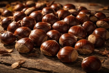 Obraz premium Generous display of whole sweet chestnuts arranged neatly on aged wooden surface