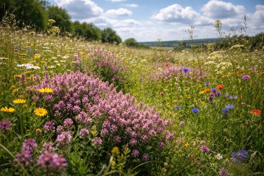 Lush meadow bursting with thyme and various wildflowers under a serene sky dotted with white clouds in a natural setting