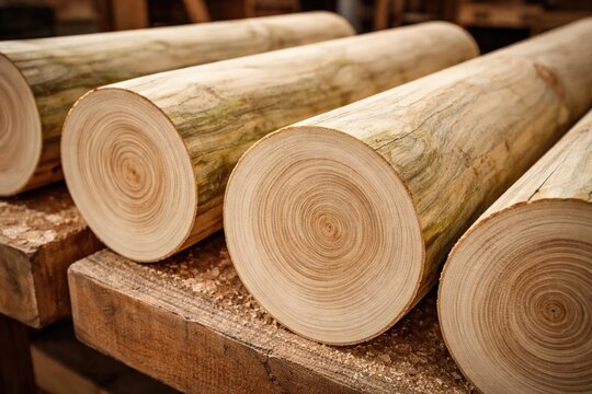 Close up of cylindrical poplar logs showing detailed wood grain for woodworking craftsmanship