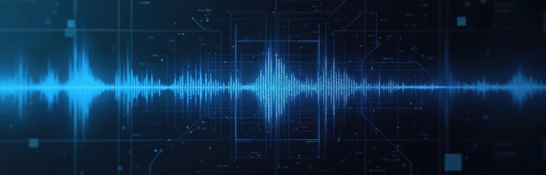 Blue digital sound wave oscillates across dark screen. Abstract audio waveform graphic represents music, voice, or vital signs. Technology background with digital grid and circuits.