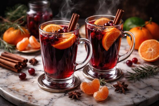 Mulled wine cocktail with cherry juice and tangerines on marble