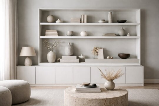 Contemporary interior design with minimalist white shelving and soft gray wall backdrop