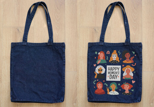 Denim Tote Bag Placed on Wooden Floor. PSD Mockup Template