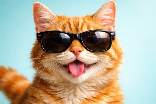 Close up view of a playful ginger cat wearing sunglasses showing bright fur and funny face on light cyan backdrop