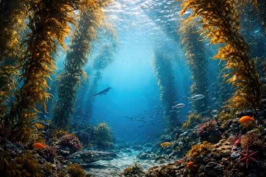 Full height Macrocystis pyrifera kelp forest teeming with sea creatures and copyspace for text