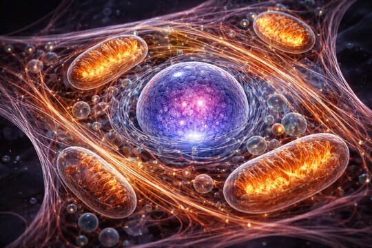 Detailed illustration of mitochondria nuclei and microfilaments inside a fibroblast cell