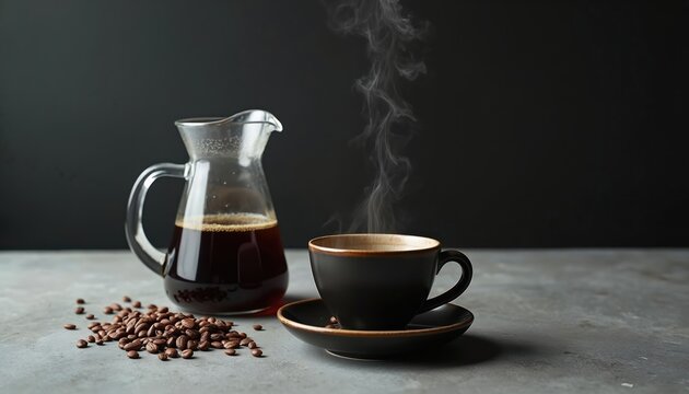 Dark coffee brews in a glass pot beside a steaming mug. Coffee beans scatter on table surface. Morning beverage preparation at home or cafe.