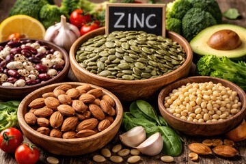 Fototapeta premium Natural vegetarian foods rich in zinc fiber and vitamins including pumpkin seeds beans almonds and pine nuts